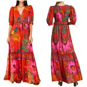 Farm Rio Belted Floral Maxi Dress size S small red pink v-neck puff sleeve